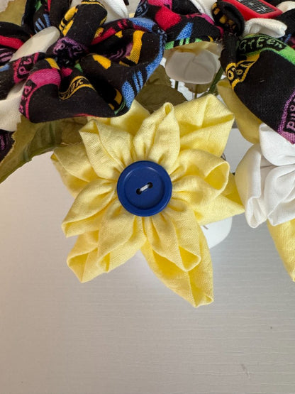 Yellow, white, blue, green, red and black  Upcycled hand made flower bouquets, 7" high x 7" wide