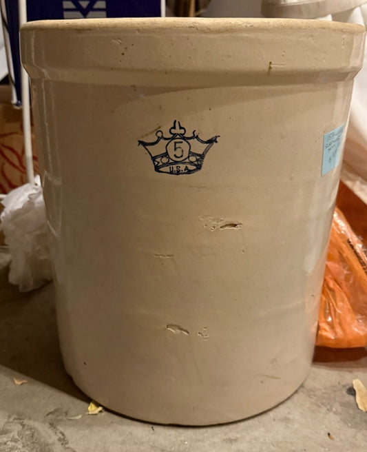 Cream & blue Robinson Ransbottom Blue Crown 5 gallon crock, 5 gallon
