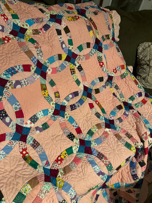 Pink / multi Homemade Quilt Double Wedding Band