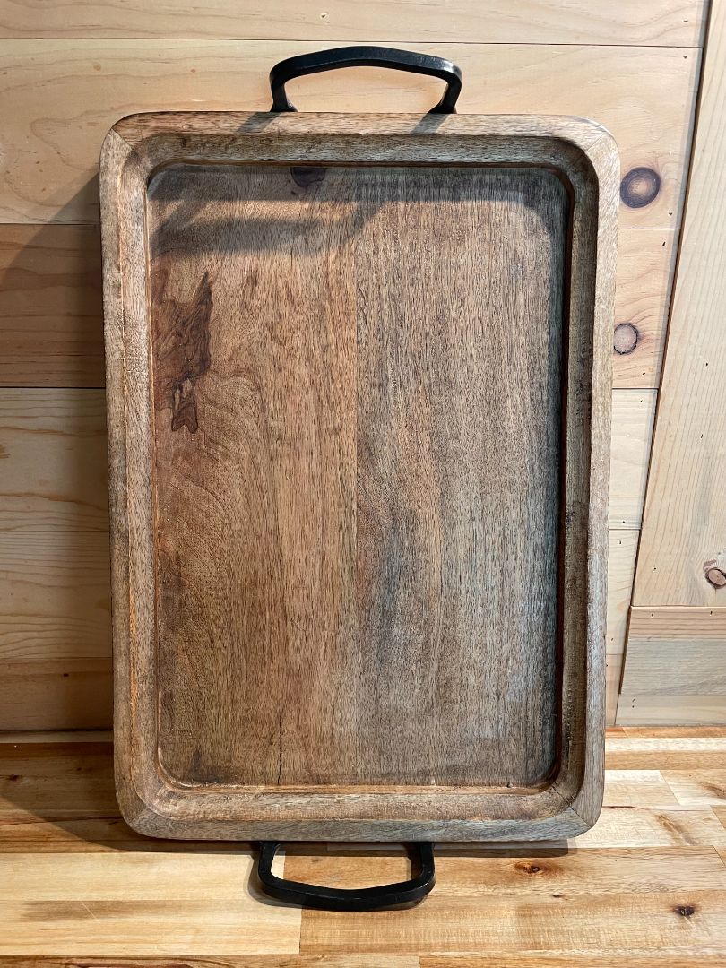 Wooden Tray w/Black Iron Handles