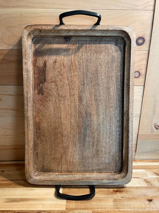 Wooden Tray w/Black Iron Handles