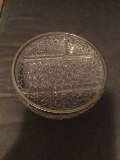 clear William adams Crystal cracked silver plated divided dish, 10”