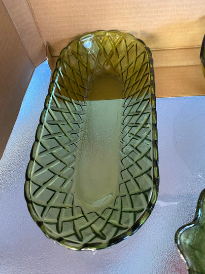 green Indiana Glass Co Green Basket weave server, 10.5”x4.75”