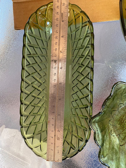green Indiana Glass Co Green Basket weave server, 10.5”x4.75”