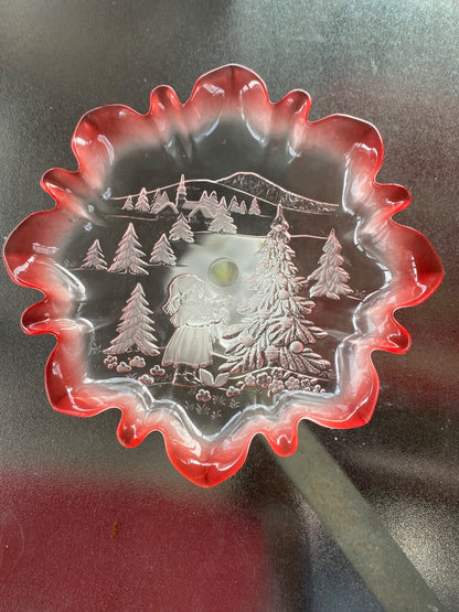 Clear and red Mikasa Footed Bon bon Christmas Dish, 9.5”