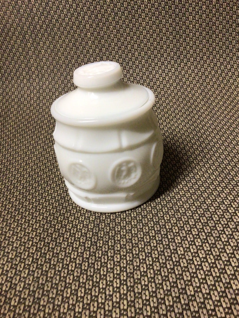 white Wheaton Wheaton lidded  coin dot jar, 4.75”