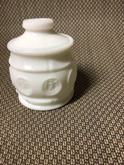 white Wheaton Wheaton lidded  coin dot jar, 4.75”