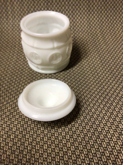 white Wheaton Wheaton lidded  coin dot jar, 4.75”