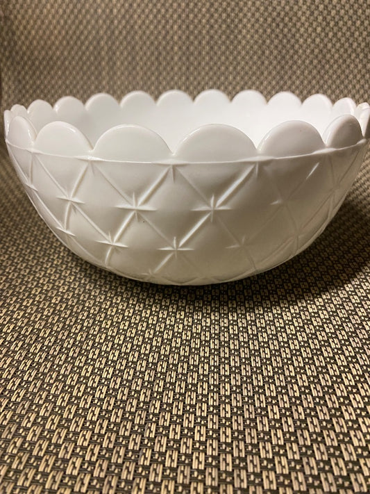White Indiana Quilt Bowl milk glass, 7.75”