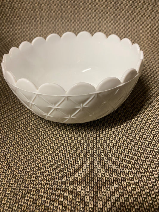White Indiana Quilt Bowl milk glass, 7.75”