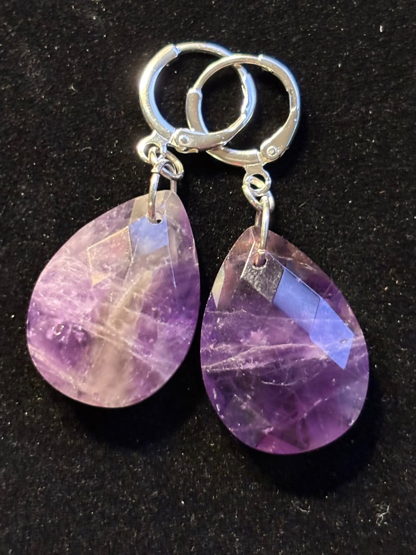 Purple  Amethyst teardrop huggie hoops