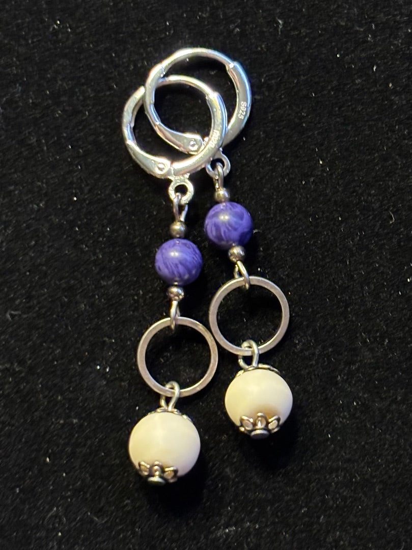 Purple  Beaded charoite and bone earrings