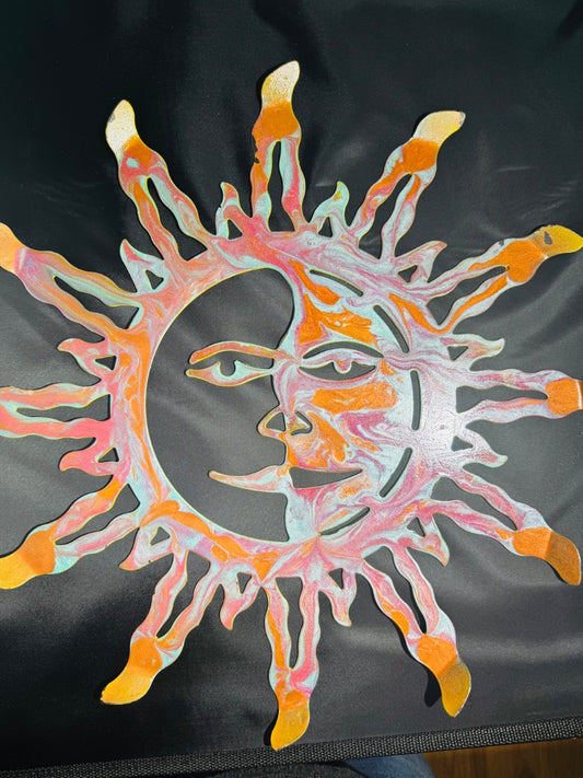 Bronze, copper and blue  Acrylic Poured Metal Sun, 17inched X 17inches