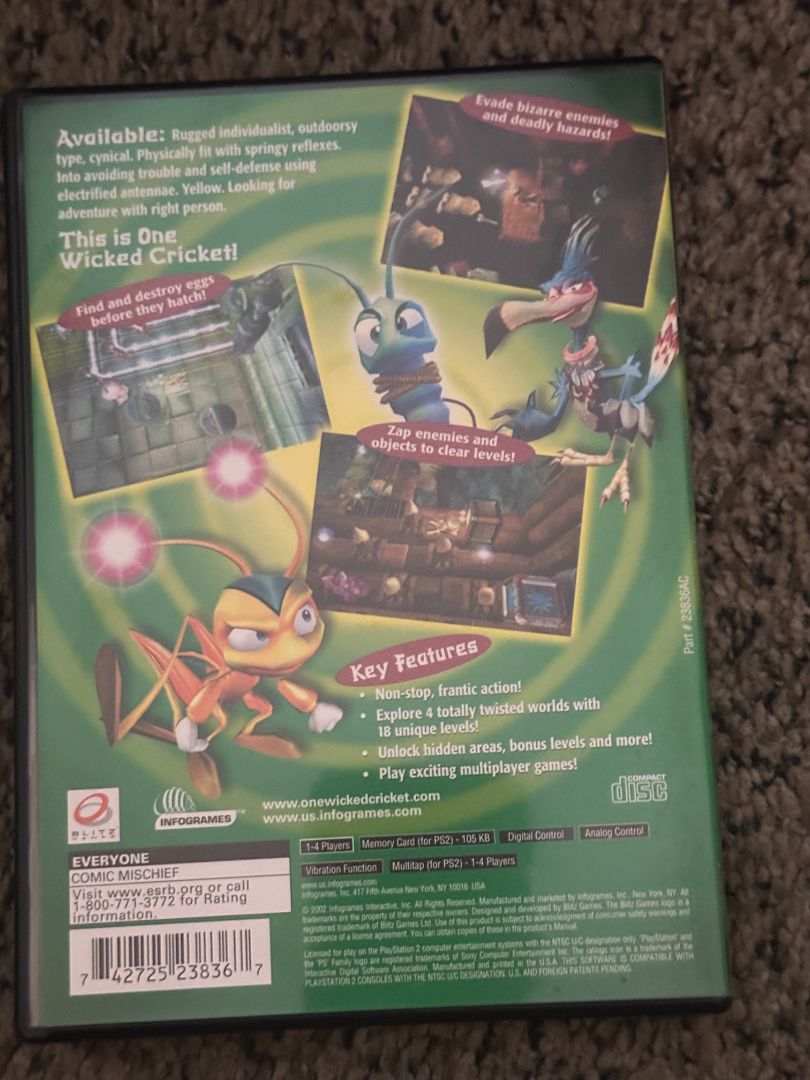 Zapper One Wicket Cricket ps2 Video game, 6 x 4 x 1