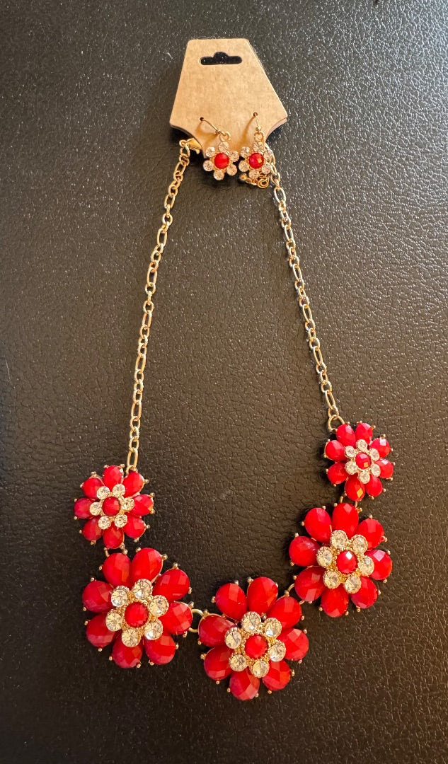 Red flower necklace & earring set