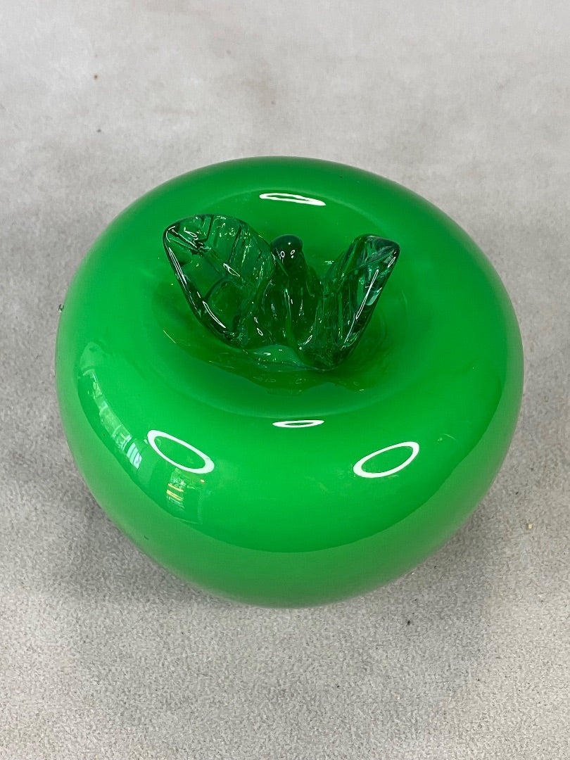 Green glass paper weight apple