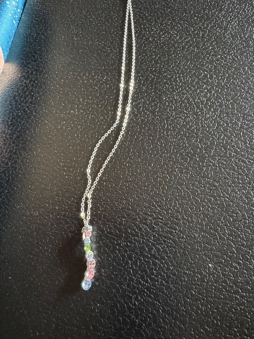 Silvertone blue pink clear necklace