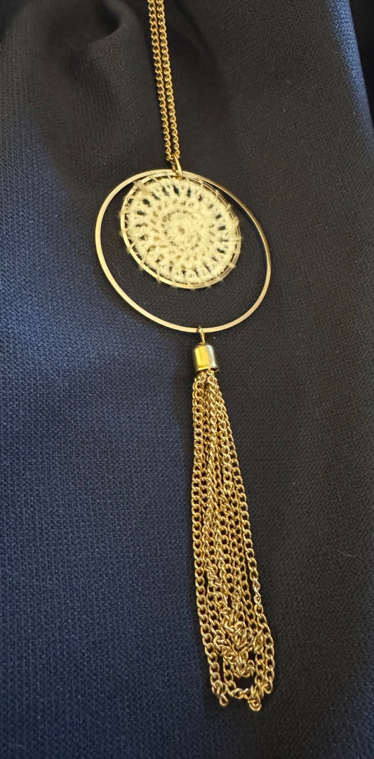 Goldtone creamfabriccircle necklace