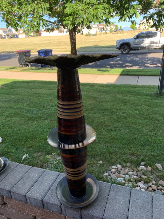 Bird bath brown tall 2 piece gold square plate