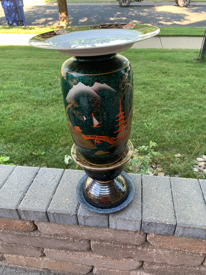 Bird bath asian green vase white plate