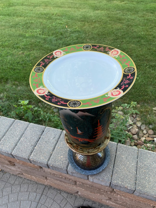 Bird bath asian green vase white plate