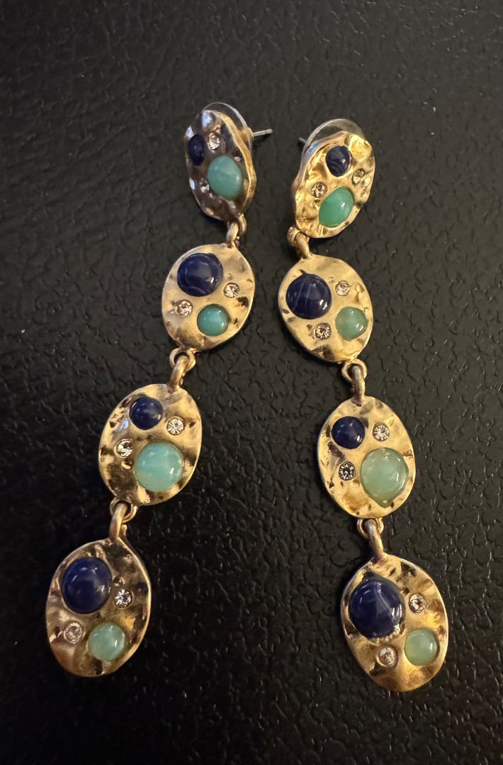 Long Goldtone black green dangle stud earrings