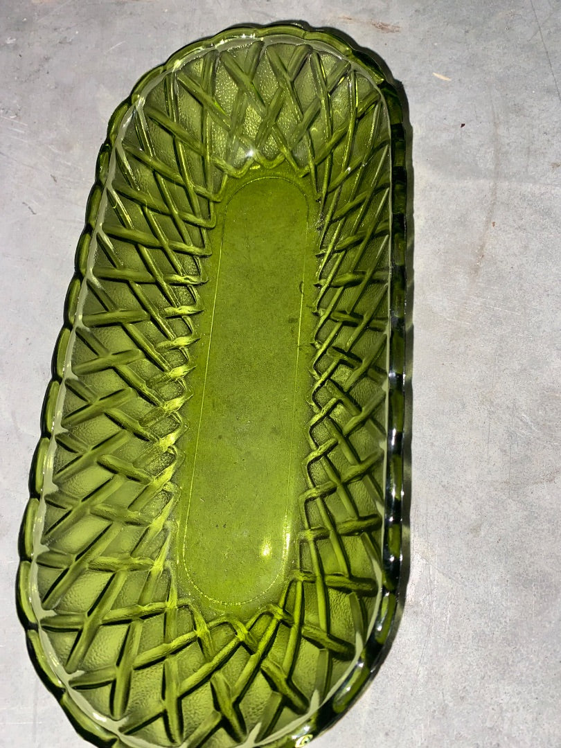 green Indiana Glass Co Green Basket weave server, 10.5”x4.75”