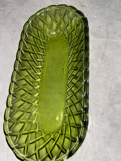 green Indiana Glass Co Green Basket weave server, 10.5”x4.75”