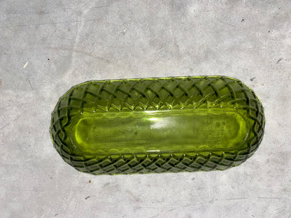 green Indiana Glass Co Green Basket weave server, 10.5”x4.75”