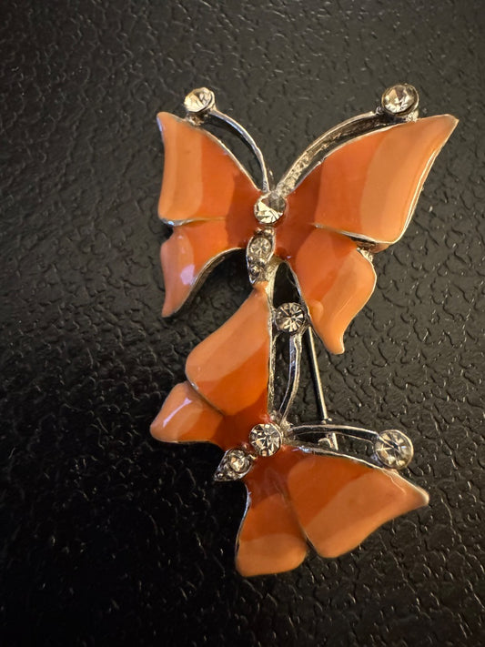 Silvertone Two Orange Butterfly brooch