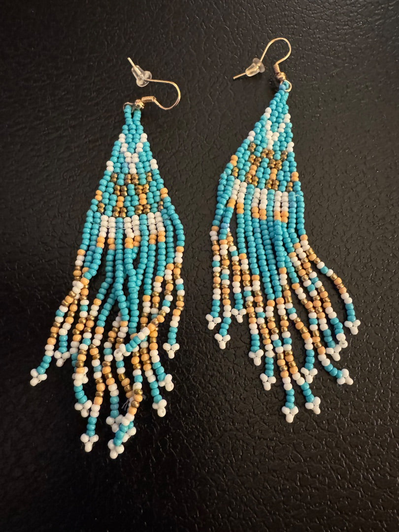 Turq cream white color seed bead dangle earrings