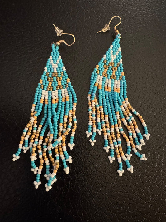 Turq cream white color seed bead dangle earrings