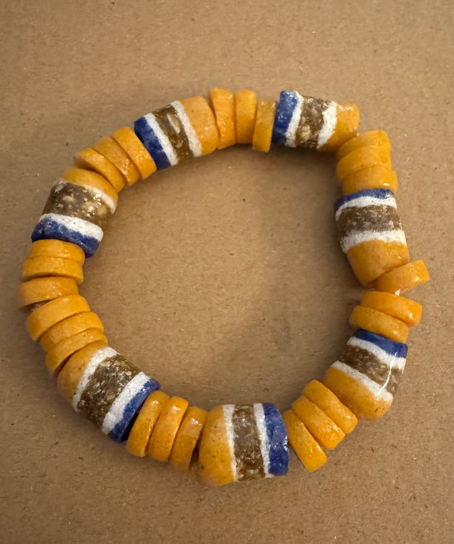 OrangeBrownWhiteBlue bead stretchy bracelet