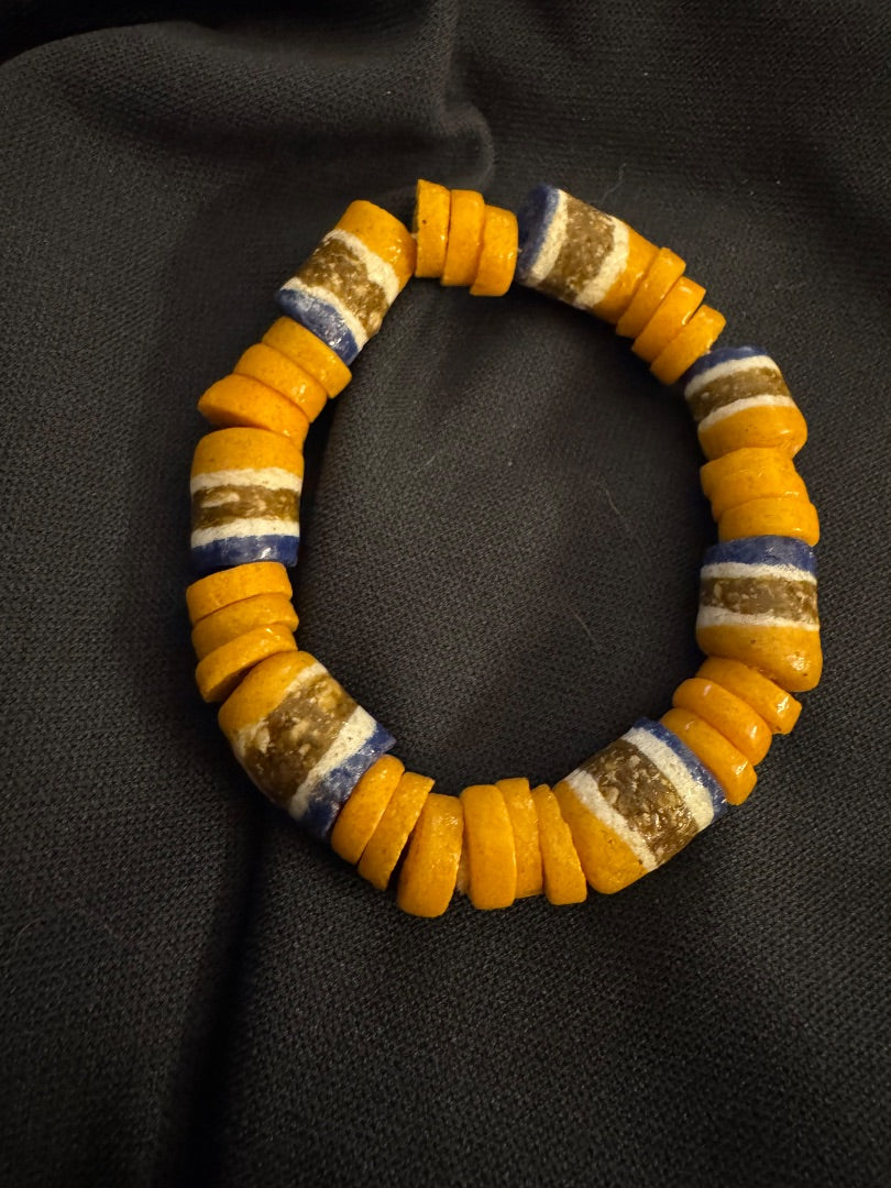 OrangeBrownWhiteBlue bead stretchy bracelet