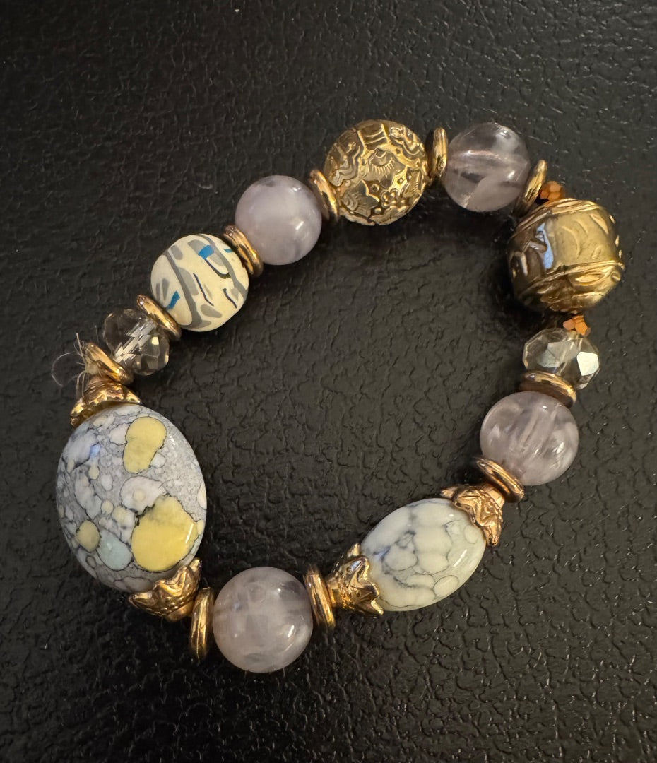 Blue White gold tone bead stretchy bracelet