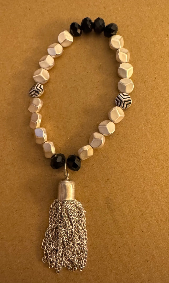 Silver tone Black W/Tassel stretchy bracelet