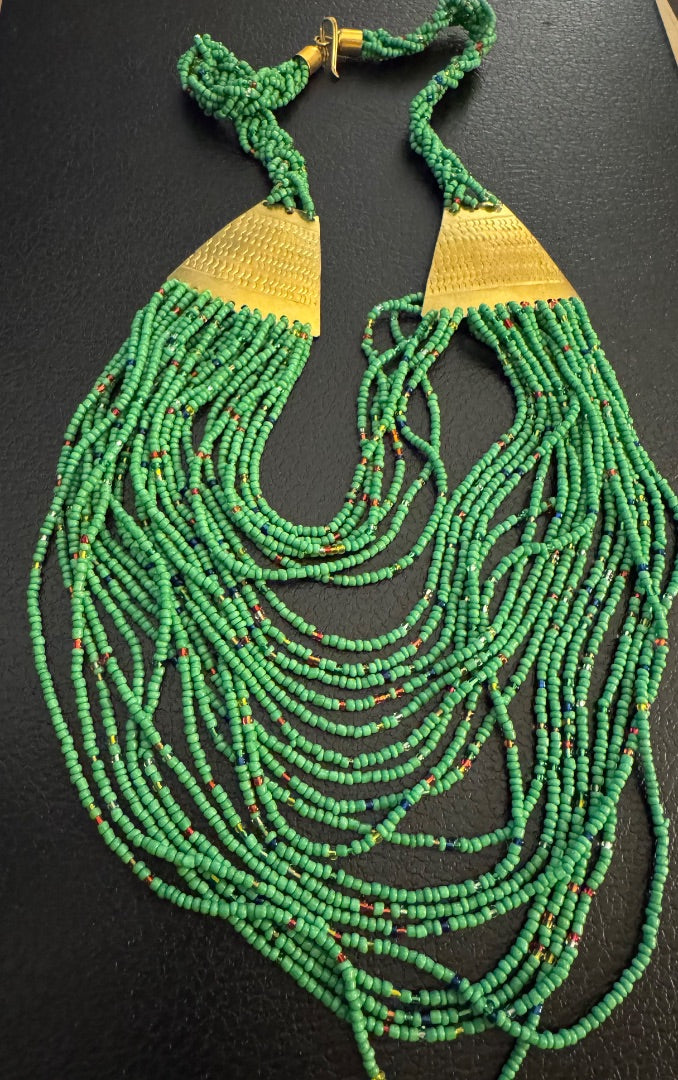 Long Green Beaded Brass Necklace