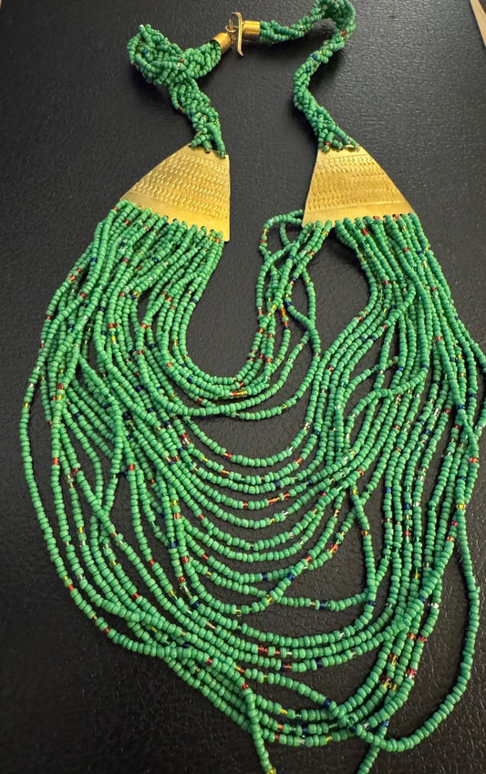 Long Green Beaded Brass Necklace