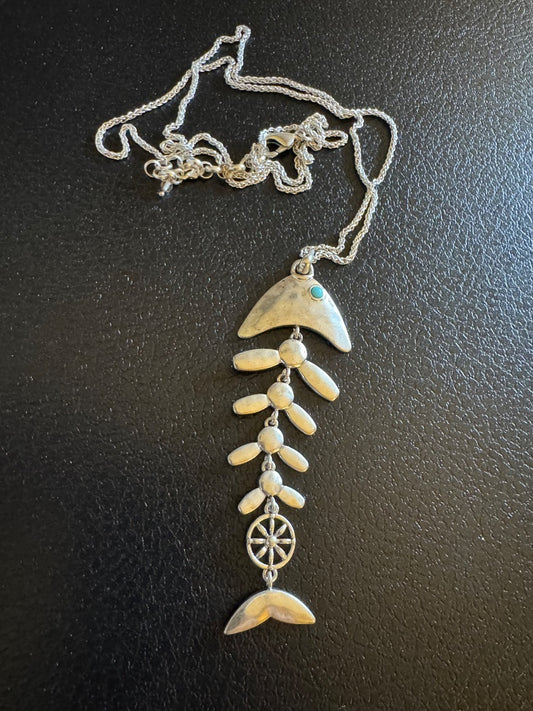 Lucky fish skeleton silvertone necklace