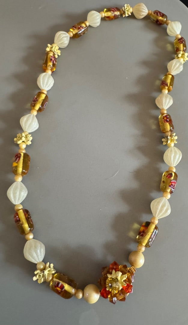 Flower clasp mixed media necklace
