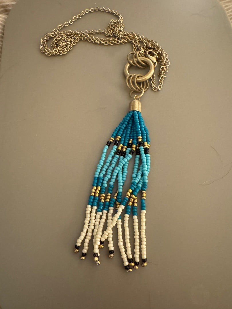 3tone green tassel goldtone necklace