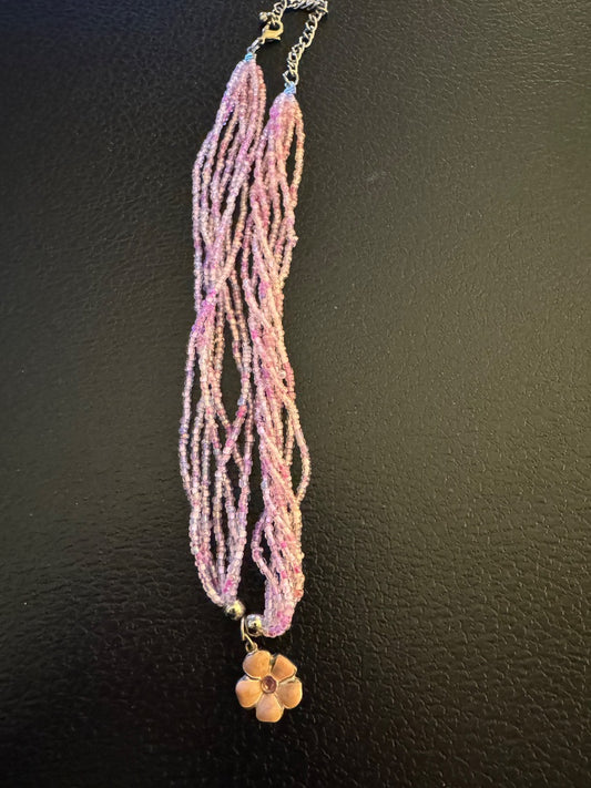 Pink seadbead multi strand w/flower necklace