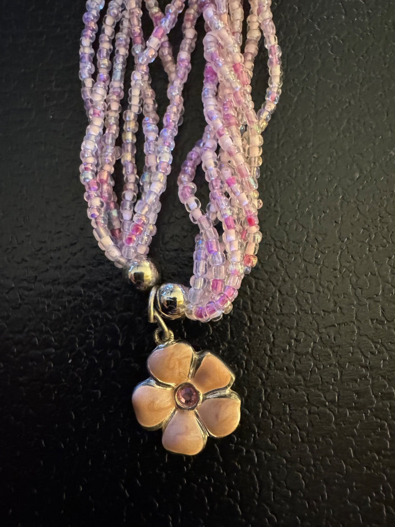 Pink seadbead multi strand w/flower necklace