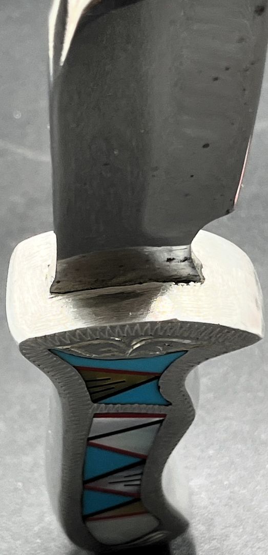 Silver & Turquoise & Mother of Pearl Unk Artisan Made Inlaid Fixed Blade