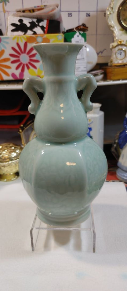 Pale jade-green China Longquan Chinese Longquan Celadon Gourd Vase/Candle Holder, 8.5"