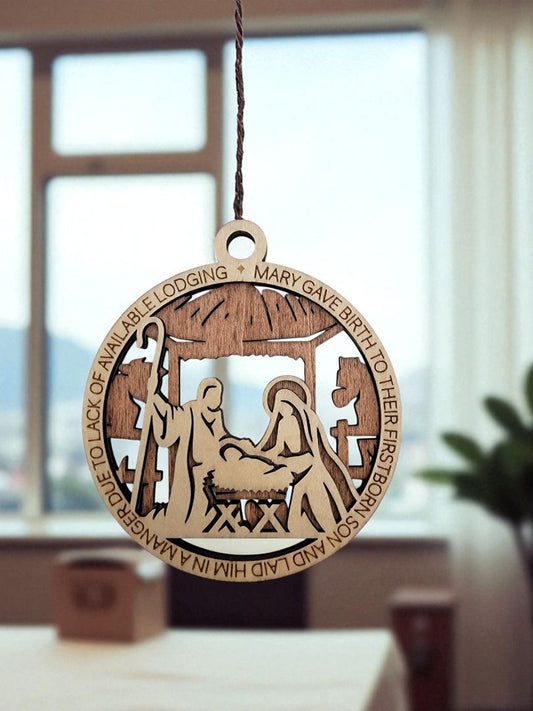 Wood Multi Layer Manger Ornament, 3 Inches Round