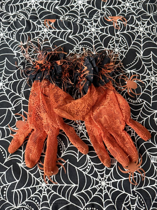 Orange  Orange Lace Gloves w/ Black Cuff, M