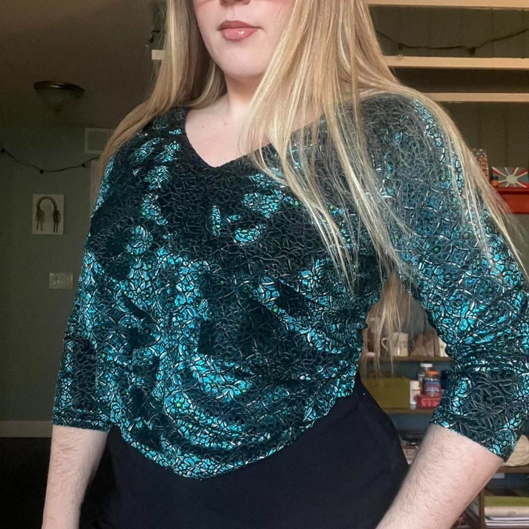 Teal Shimmer Ruffle Blouse, M/L