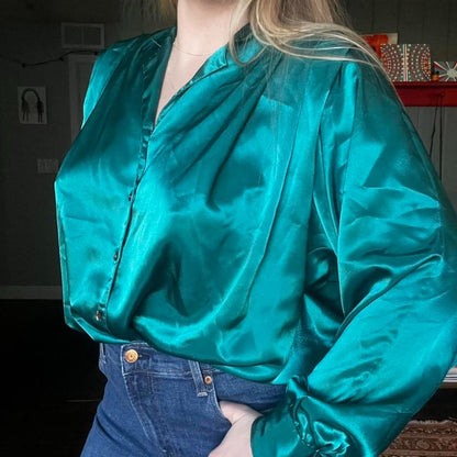 Teal Satin Retro Blouse, M/L