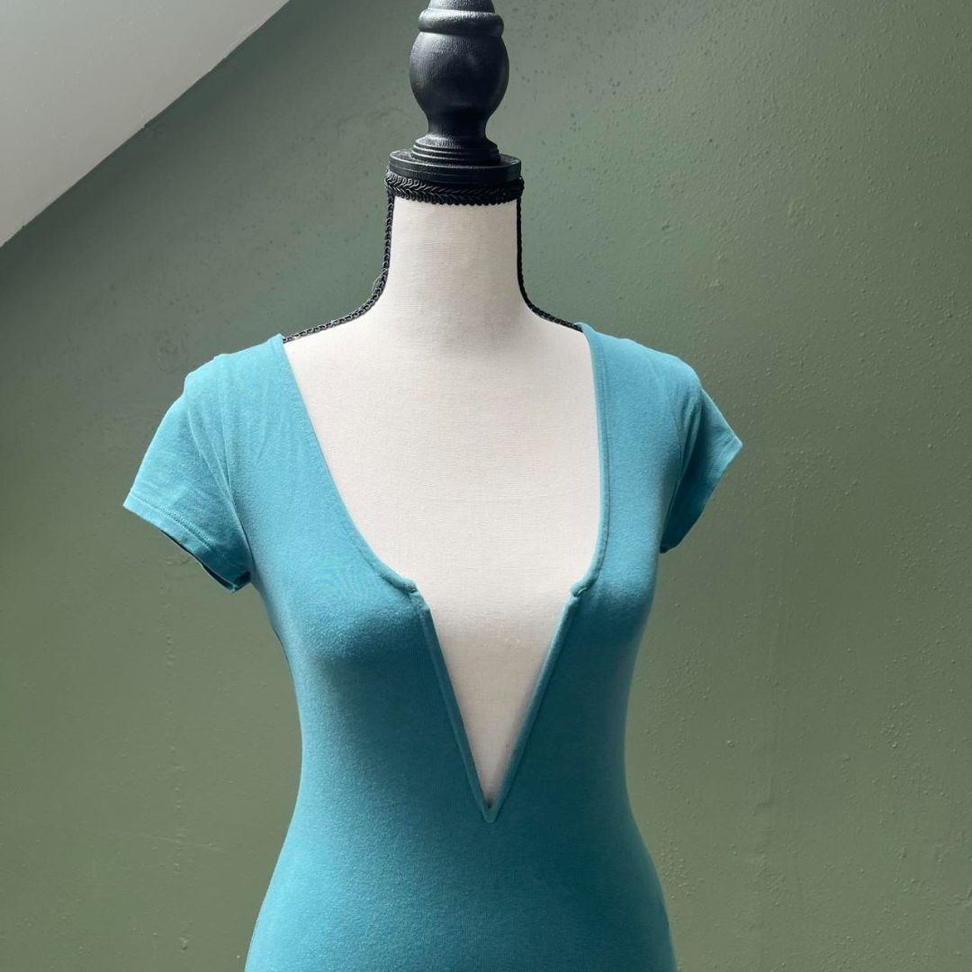 Express Teal Blue Deep V-Cut Bodysuit, S